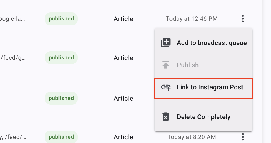Instagram linking interface
